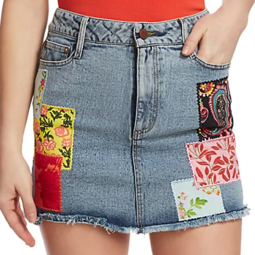 ALICE + OLIVIA JEANS Patchwork Mini Denim Skirt
